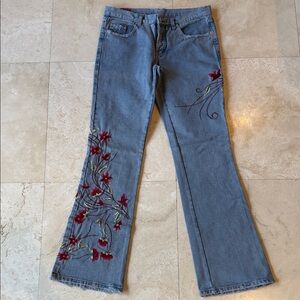 Floral Embroidered Blue Flare Jeans